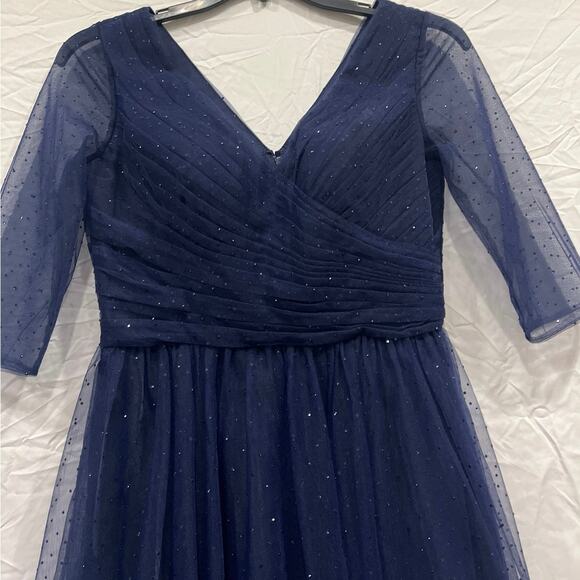 La Femme Sheer Fit & Flare Cocktail Dress Rhinestone Tulle Midnight Navy Blue - Picture 3 of 16